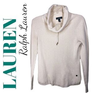 Ralph Lauren White Drawstring Cowl Neck Waffle Knit Top